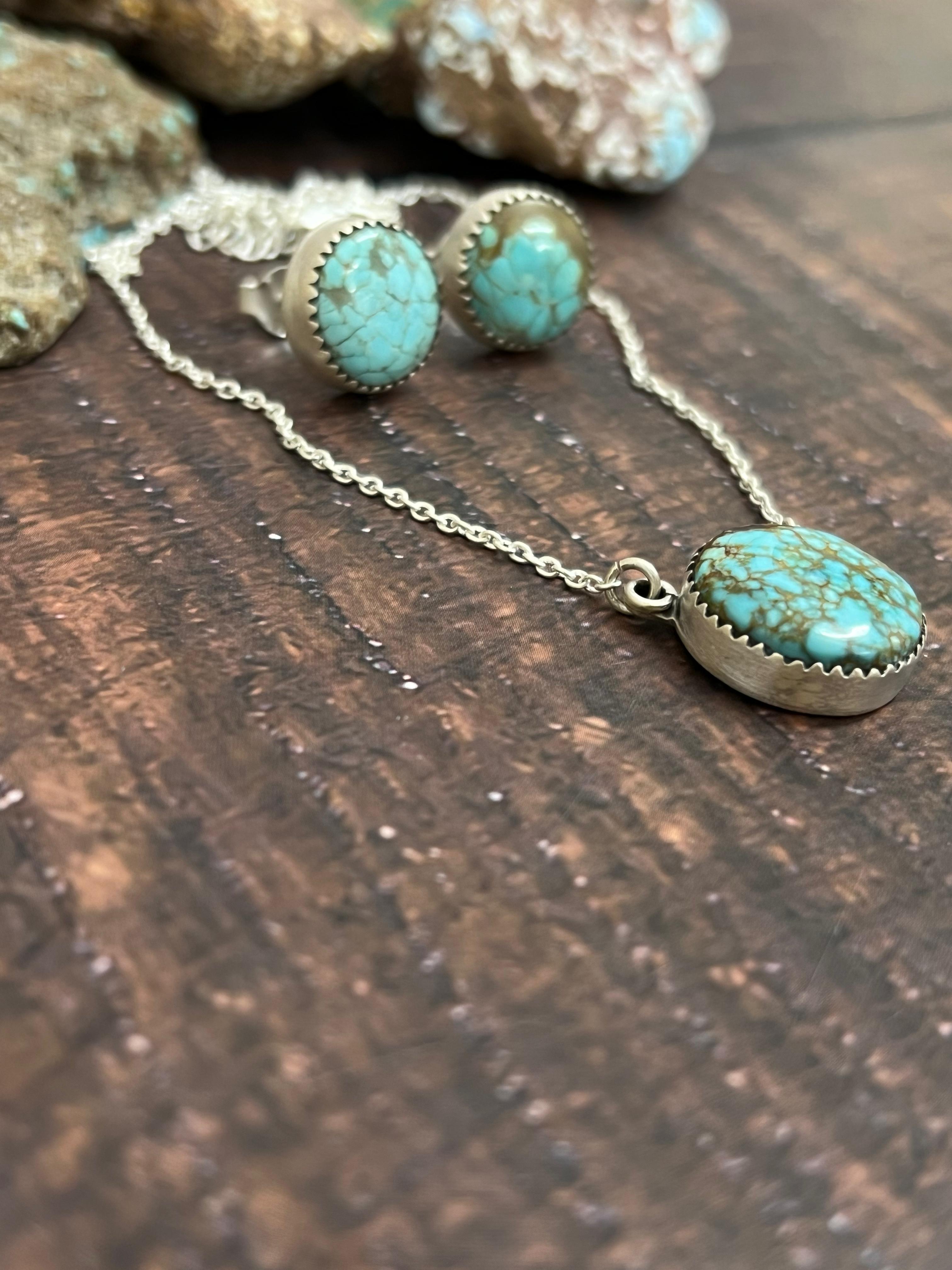 Handmade Sterling Silver Number 8 Turquoise Necklace Earrings Set with Signed Nizhoni