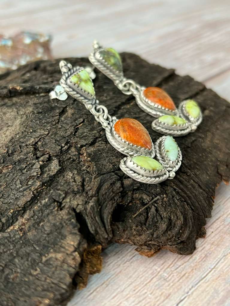 Handmade Sterling Silver Apple Coral and Palomino Post Dangle Earrings "Signed Nizhoni"