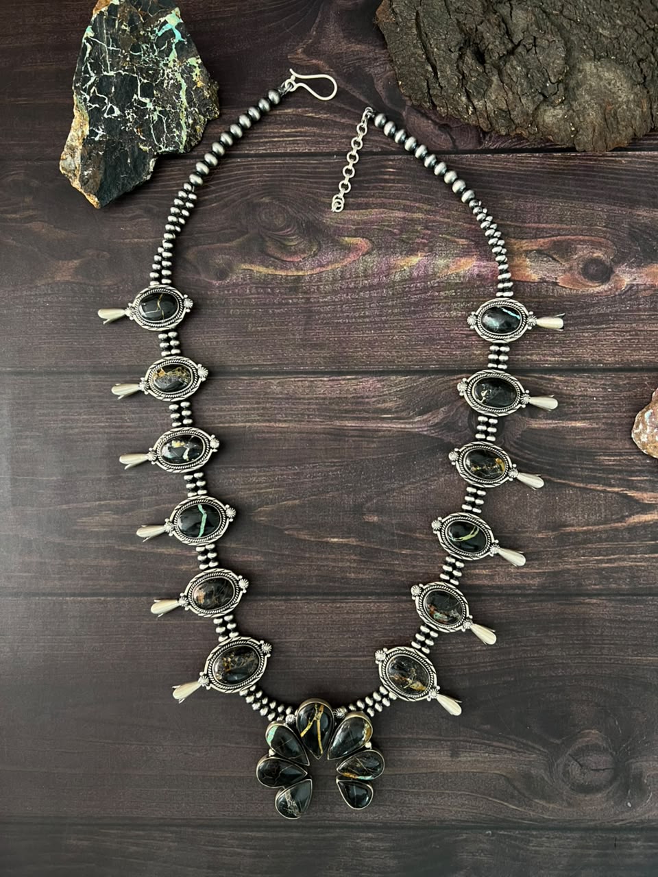 Handmade Sterling Silver Blackjack Turquoise Collection: Squash Blosso