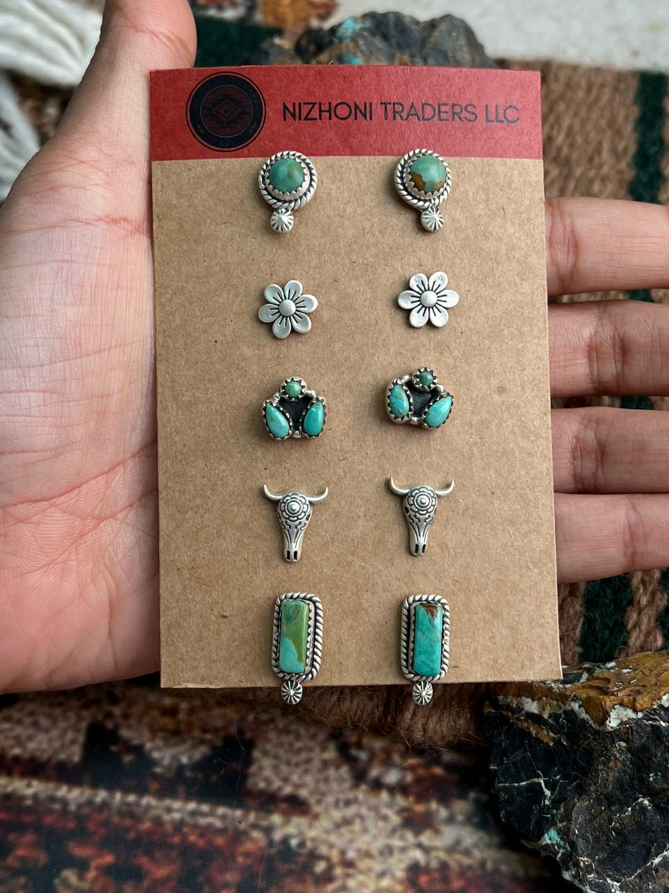 Handmade Sterling Silver Kingman Turquoise Post Earring Set "Signed Nizhoni"