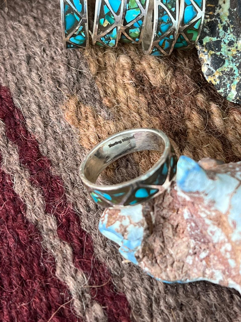 Handmade Sterling Silver Sonoran Mountain Turquoise INLAY BAND Ring "Signed Nizhoni"