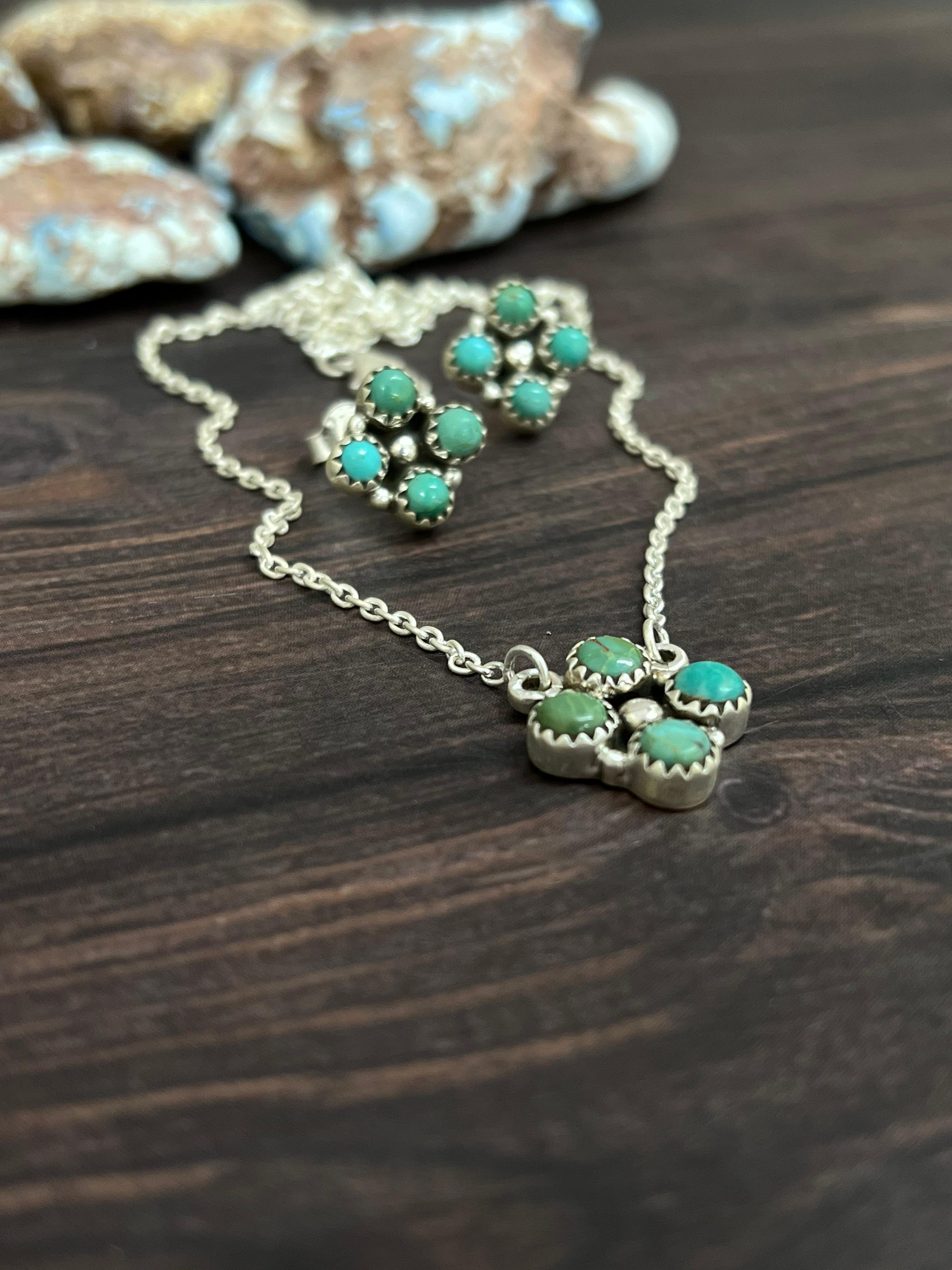 Handmade Sterling Silver Kingman Turquoise Necklace Earrings Set with Signed Nizhoni