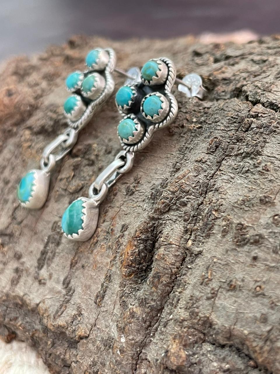 Handmade Sterling Silver Kingman Turquoise Post Dangle Earrings "Signed Nizhoni"