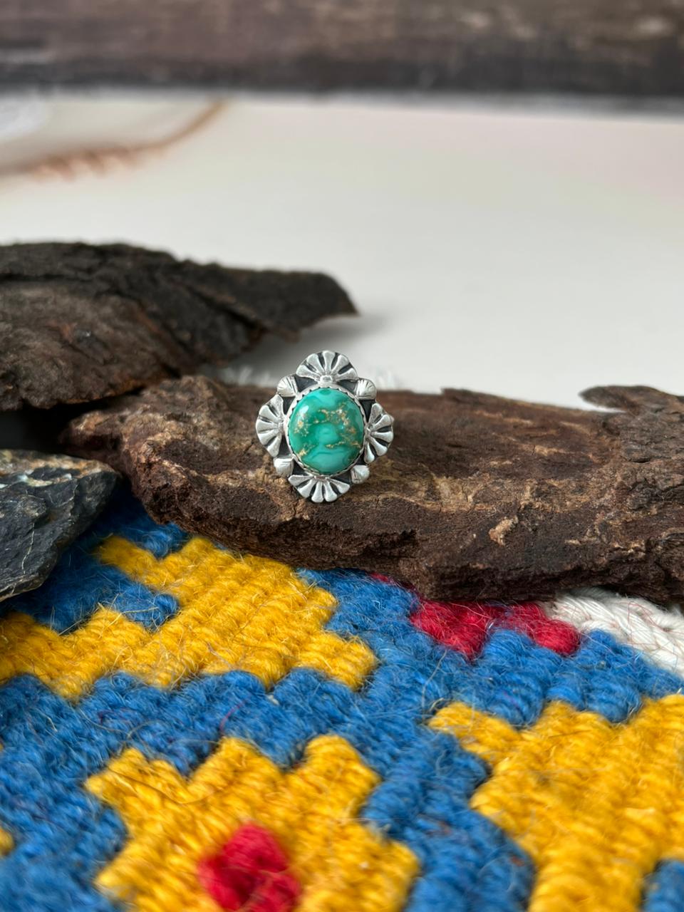 Handmade Sterling Silver Emerald Valley Turquoise Adjustable Ring "Signed Nizhoni"