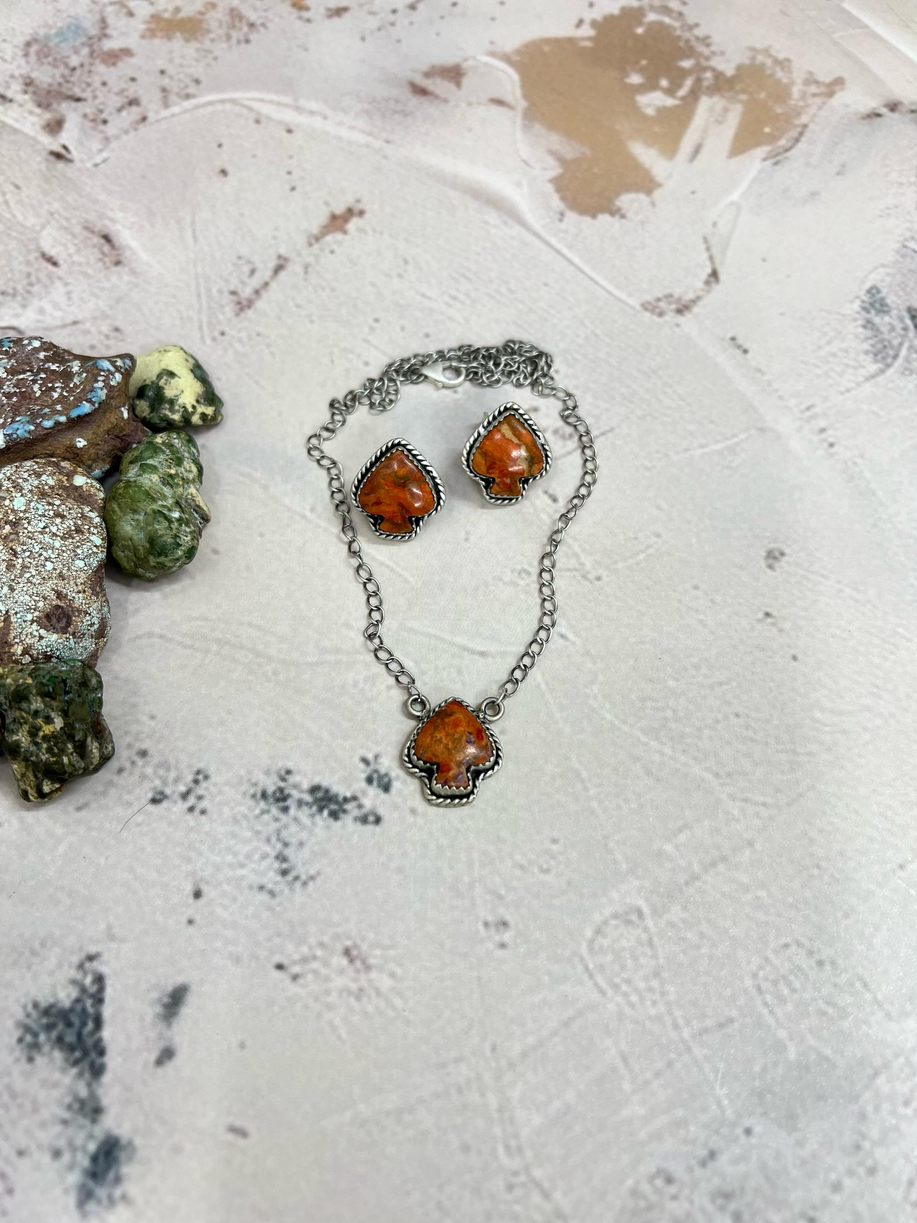 Handmade Sterling Silver Orange Mojave Necklace Earrings Spade Set with Signed Nizhoni