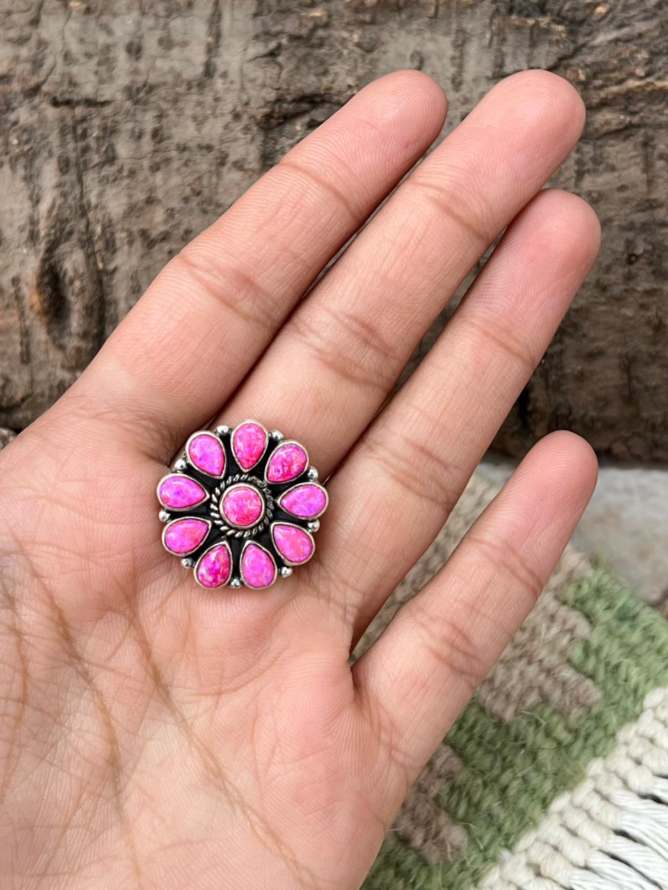 Handmade Sterling Silver Hot Pink Adjustable Ring "Signed Nizhoni"