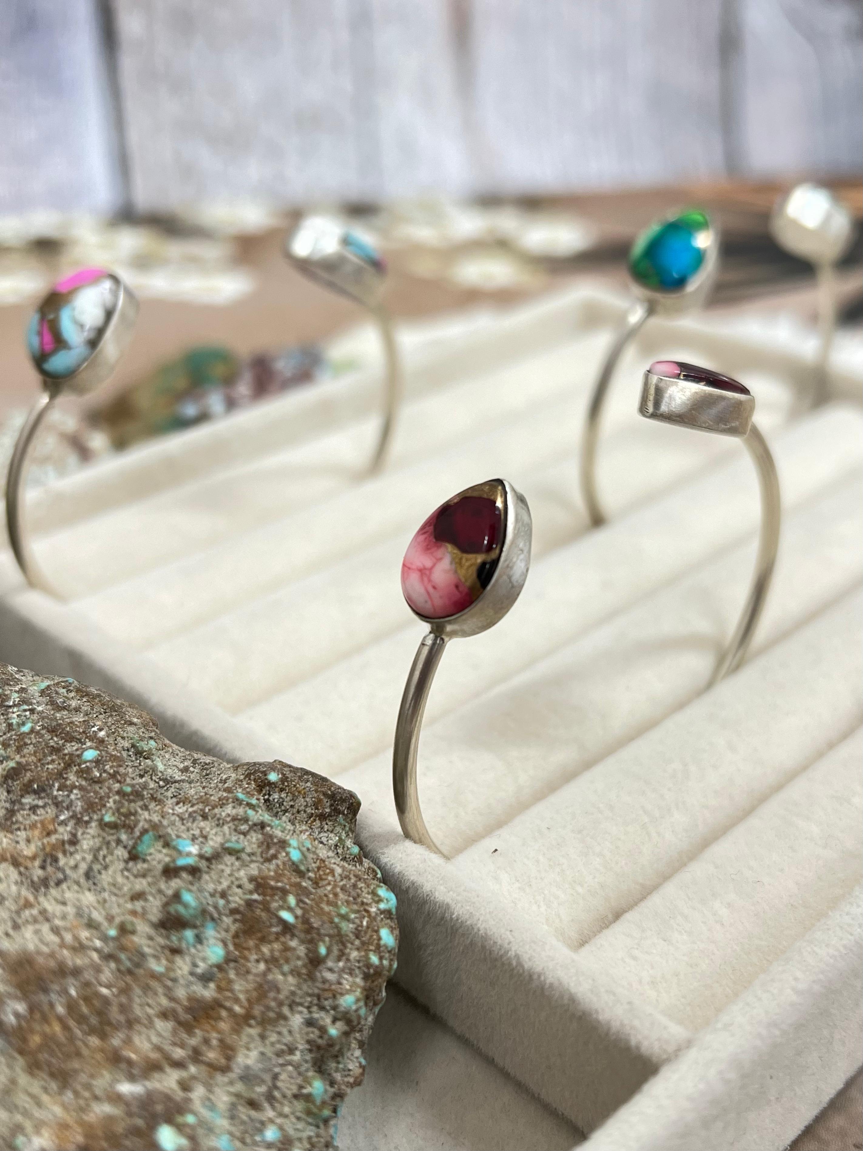 Handmade Sterling Silver Peacock Dahlia, Cotton Candy Turquoise, Dahlia Rose Cuff Bracelet with Signed Nizhoni