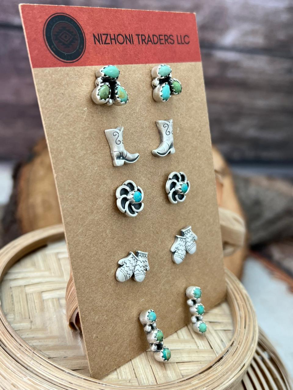 Handmade Sterling Silver Kingman Turquoise Post Studs Earrings Set (2)