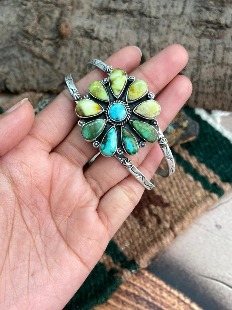 Handmade Sterling Silver White Water with Sonoran and Palomino Cuff Bracelet "Signed Nizhoni"