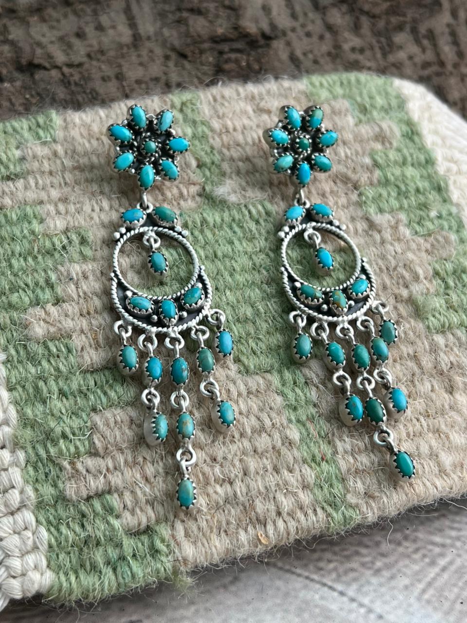Handmade Sterling Silver Kingman Turquoise Post Dangle Earrings "Signed Nizhoni"