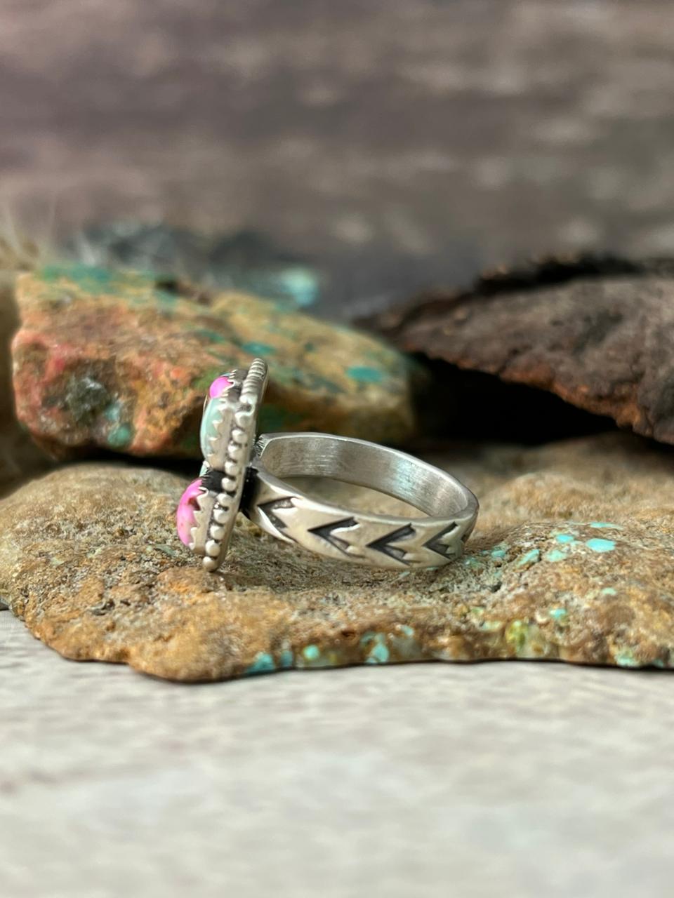 Handmade Sterling Silver Cotton Candy with Paloma Turquoise Adjustable Ring "Signed Nizhoni"