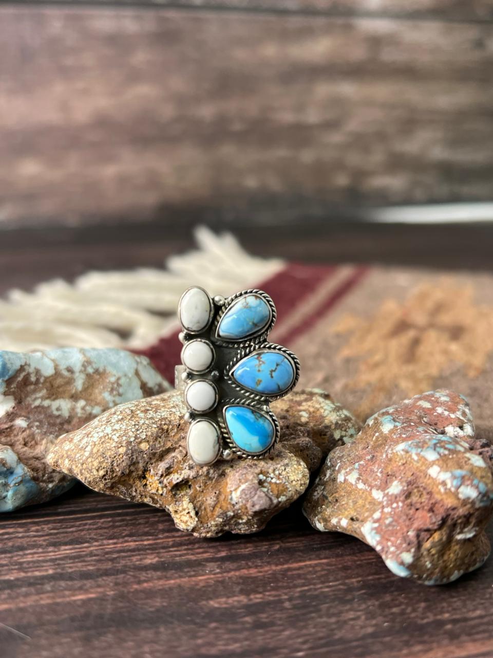 Handmade Sterling Silver Golden Hills with White Collection Adjustable Ring "Signed Nizhoni"