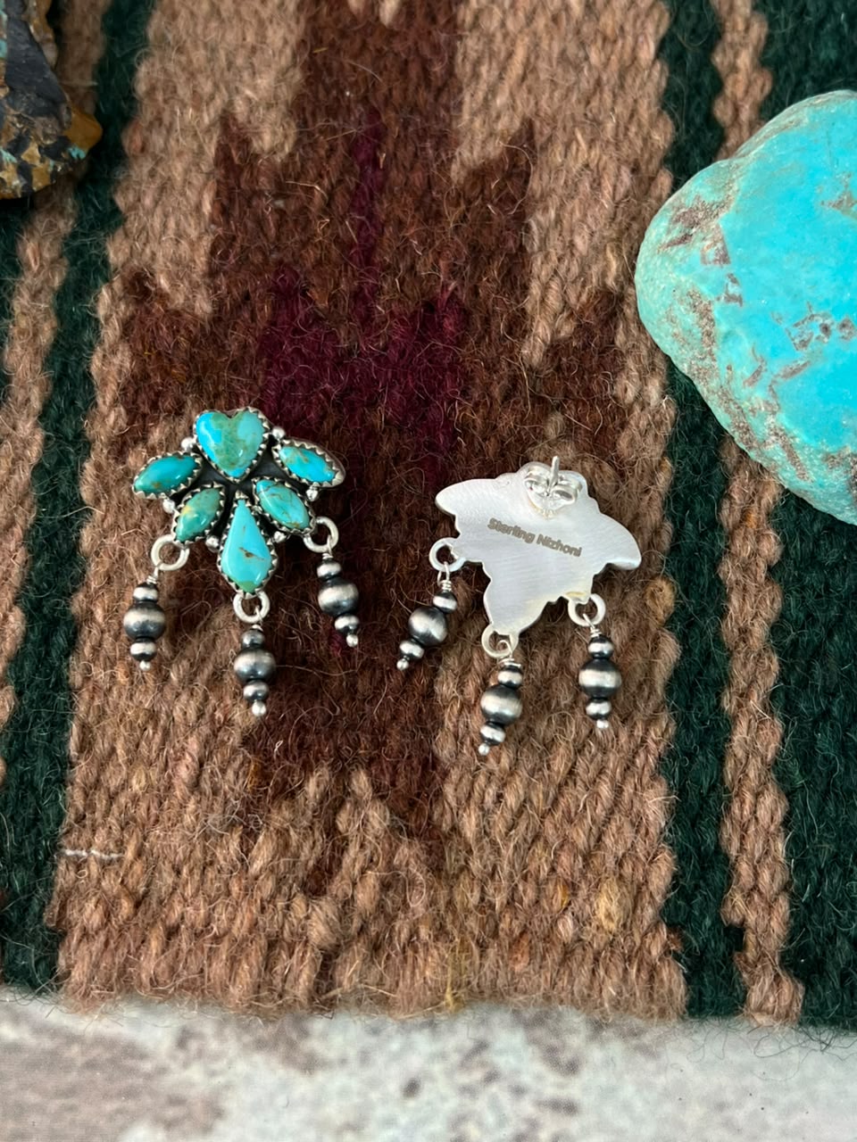 Handmade Sterling Silver Kingman Turquoise Post Dangle Beaded Earrings Signed Nizhoni