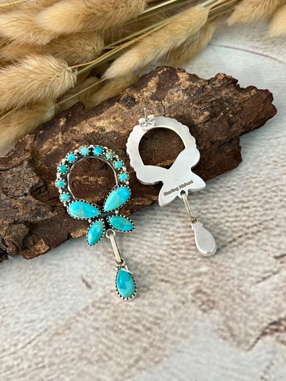 Handmade Sterling Silver Kingman Turquoise Post Dangle Earrings Signed Nizhoni