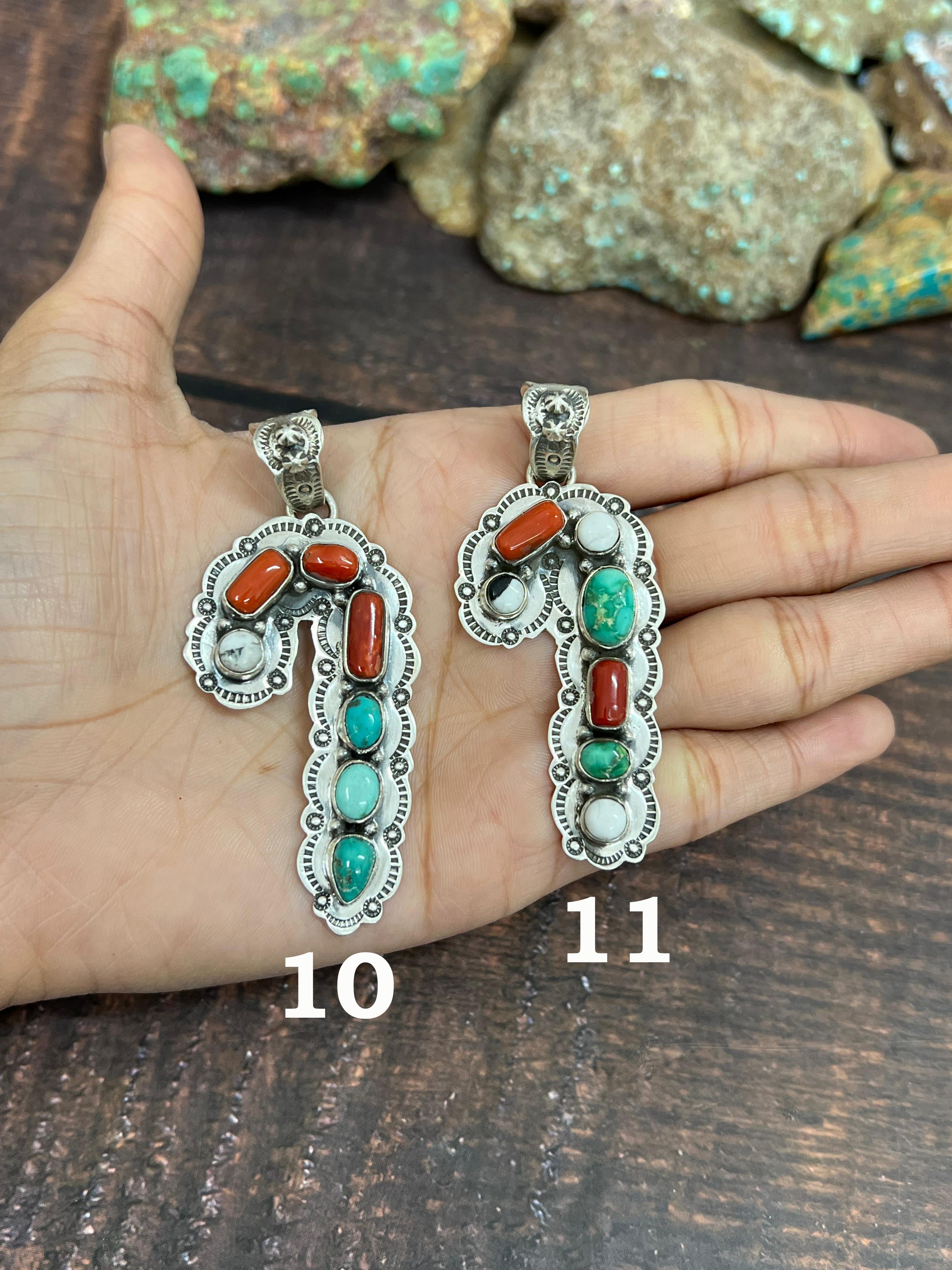 Handmade Sterling Silver Multi Stones Candy Cane Pendant, Signed Nizhoni