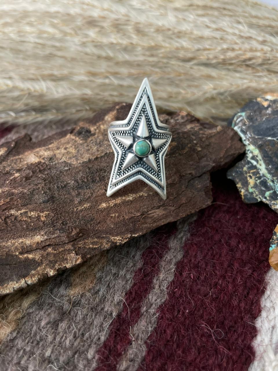 Handmade Sterling Silver Arizona Turquoise Star Shape Adjustable Ring "Signed Nizhoni"