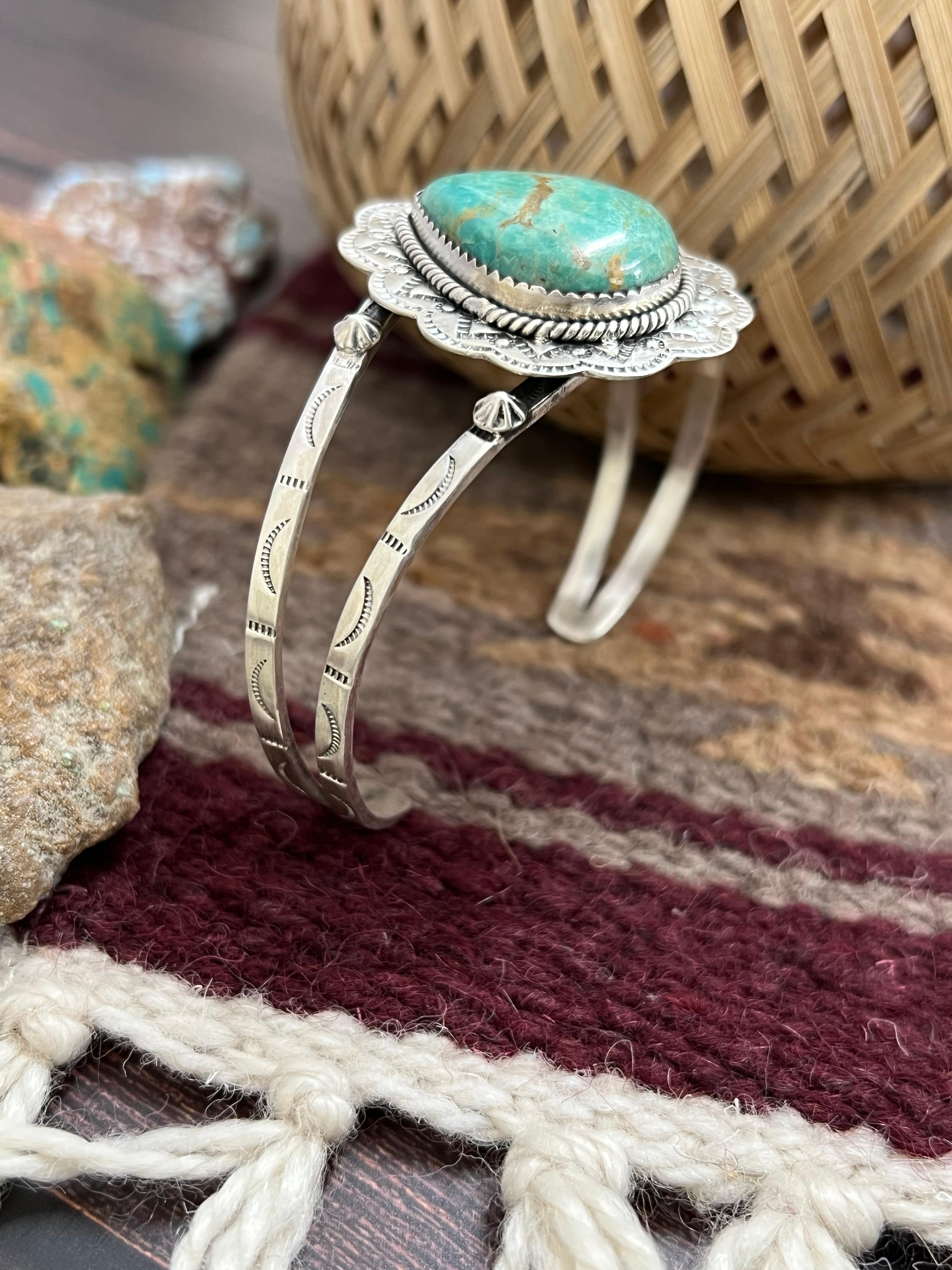 Handmade Sterling Silver Royston Turquoise Cuff Bracelet with Signed Nizhoni