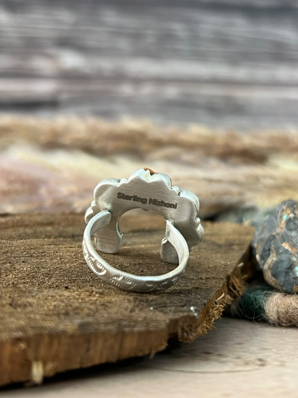 Handmade Sterling Silver Kingman Turquoise with Orange Mojave Naja Adjustable Ring Signed Nizhoni