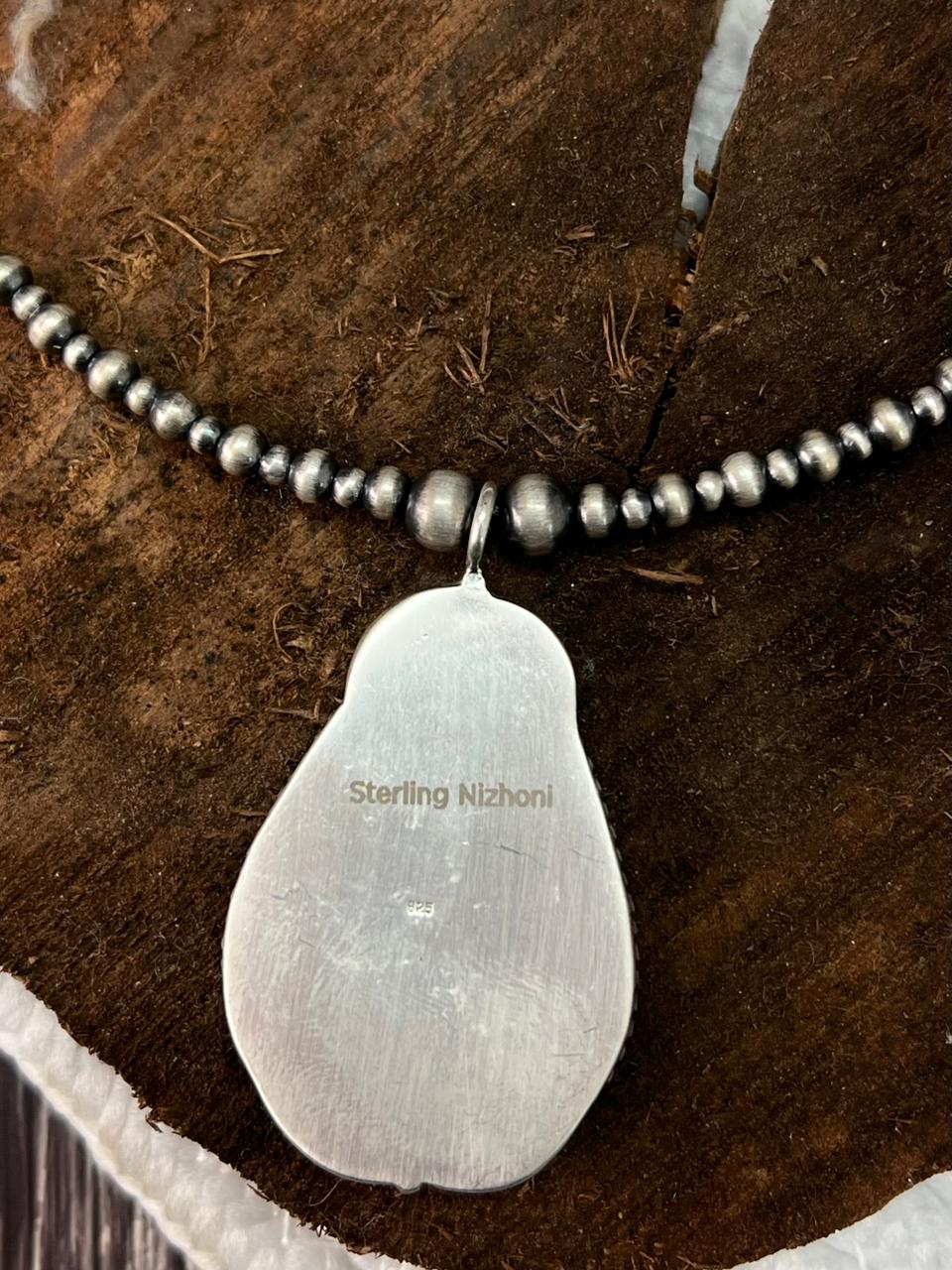 Handmade Sterling Silver Beaded Mantis Turquoise Necklace "Signed  Nizhoni"