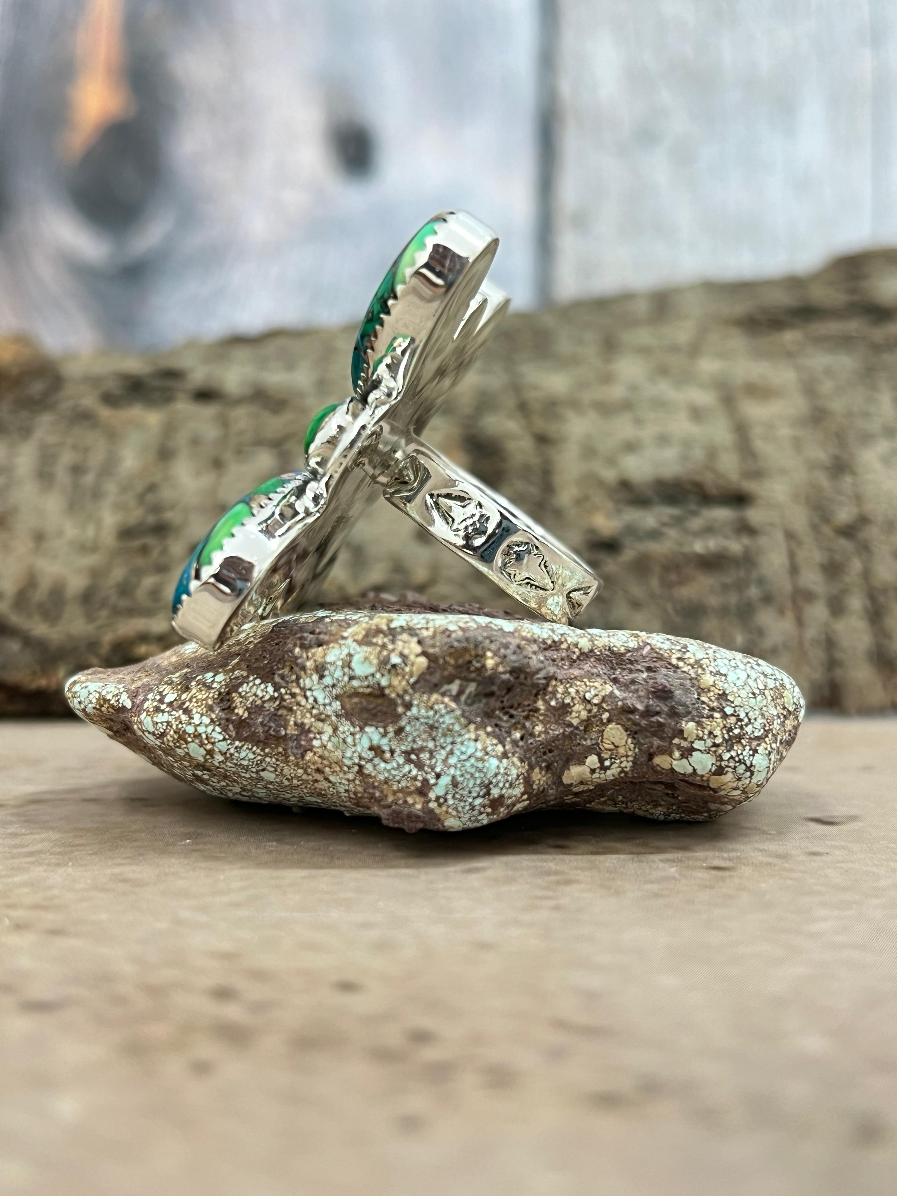 Handmade Sterling Silver Peacock Dahlia with Druzy Adjustable Ring with Signed Nizhoni