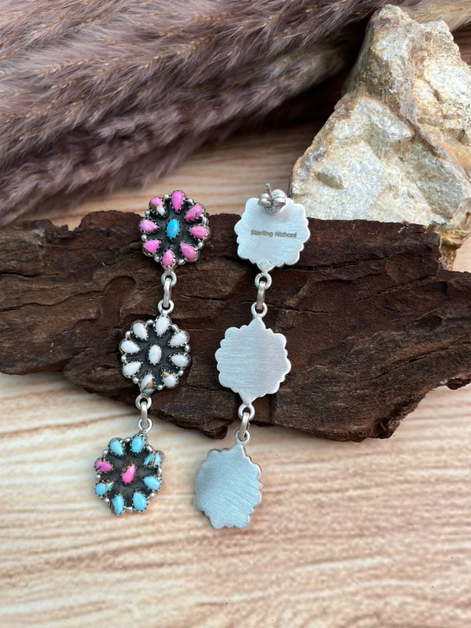 Handmade Sterling Silver Cotton Candy Post Dangle Earrings Signed Nizhoni