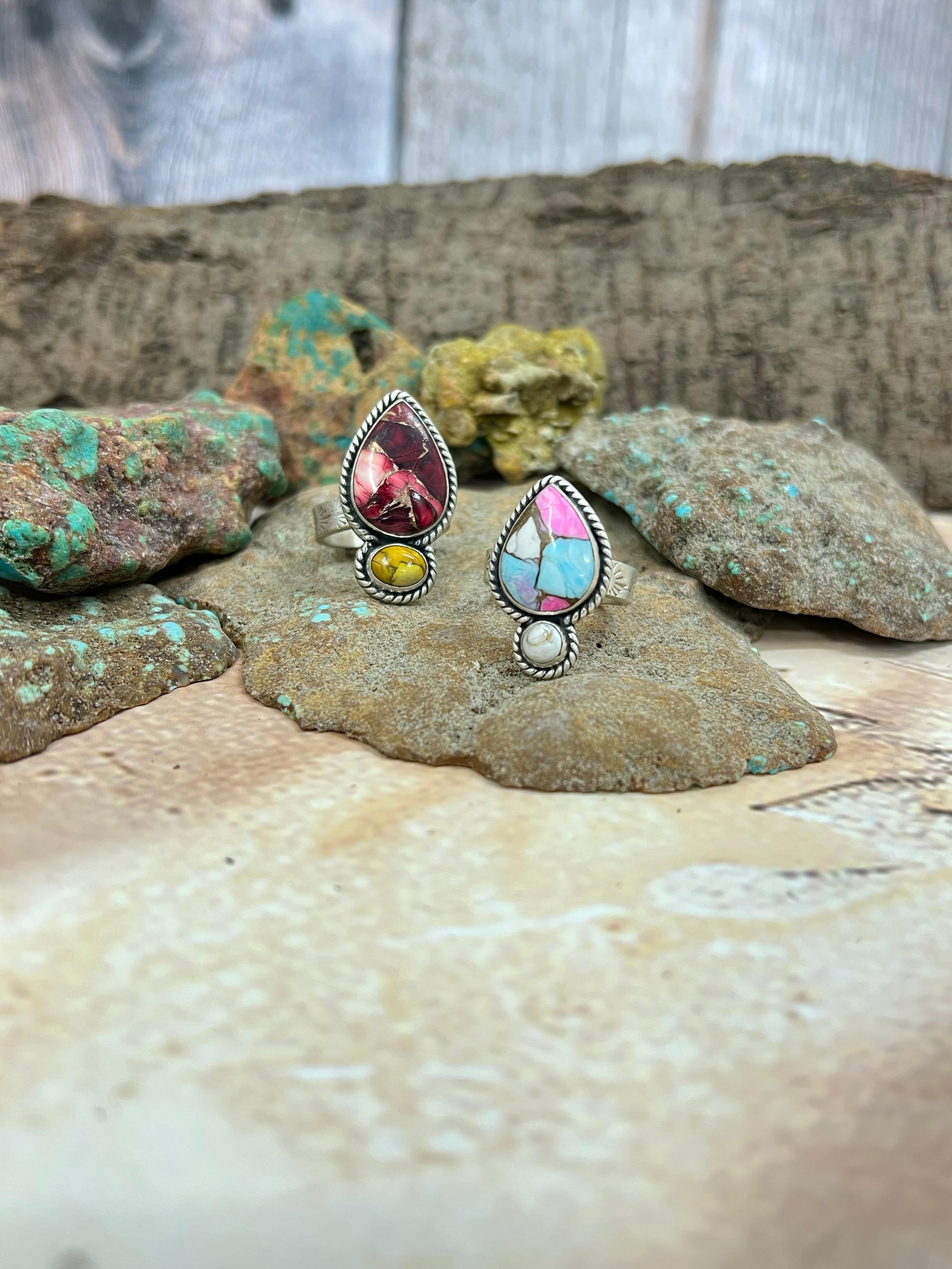 Handmade Sterling Silver Dahlia Rose with Honey Dahlia, Cotton Candy with White Buffalo Turquoise Adjustable Ring, Signed Nizhoni