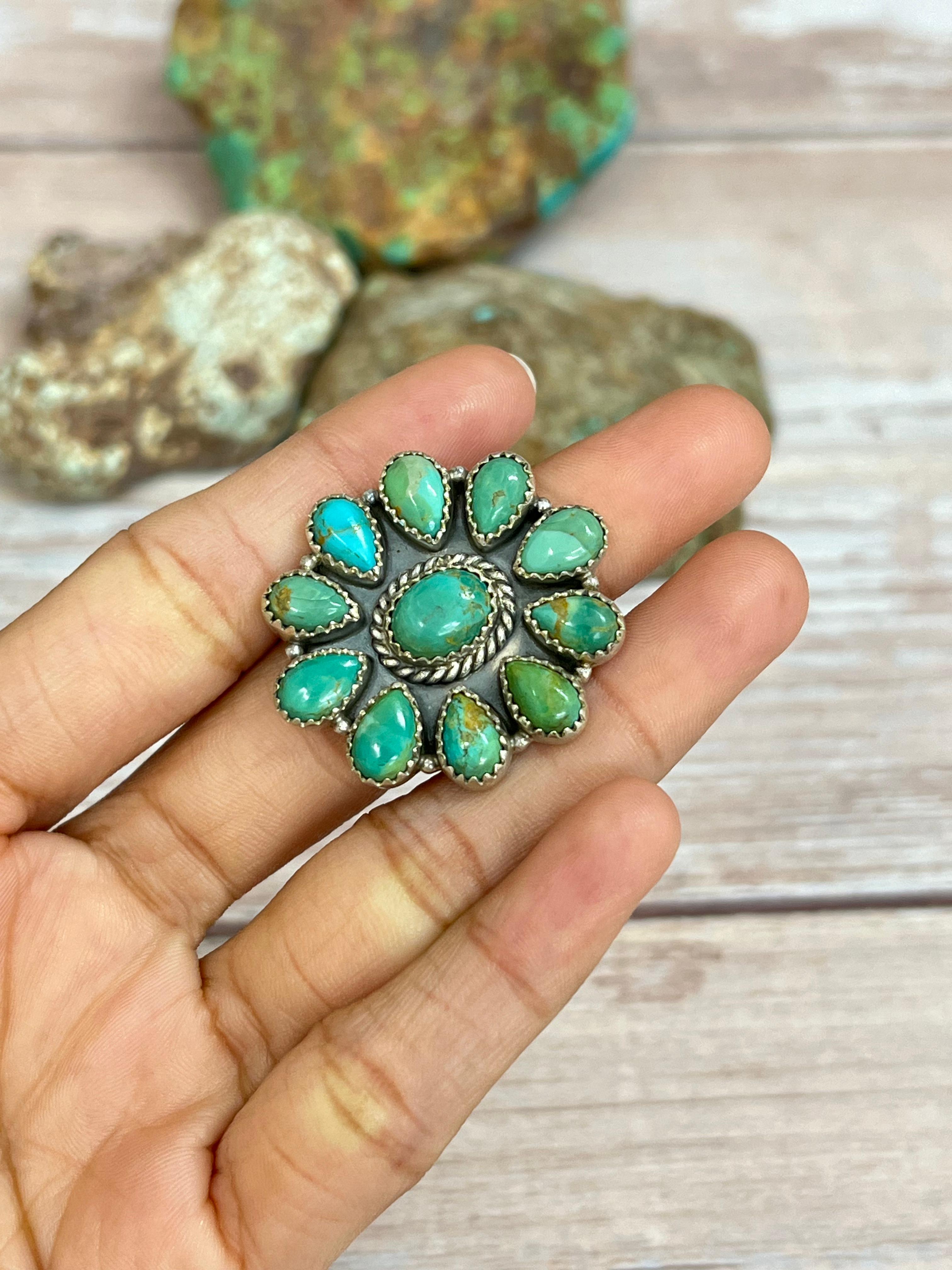 Handmade Sterling Silver Kingman Turquoise Adjustable Ring with Signed Nizhoni