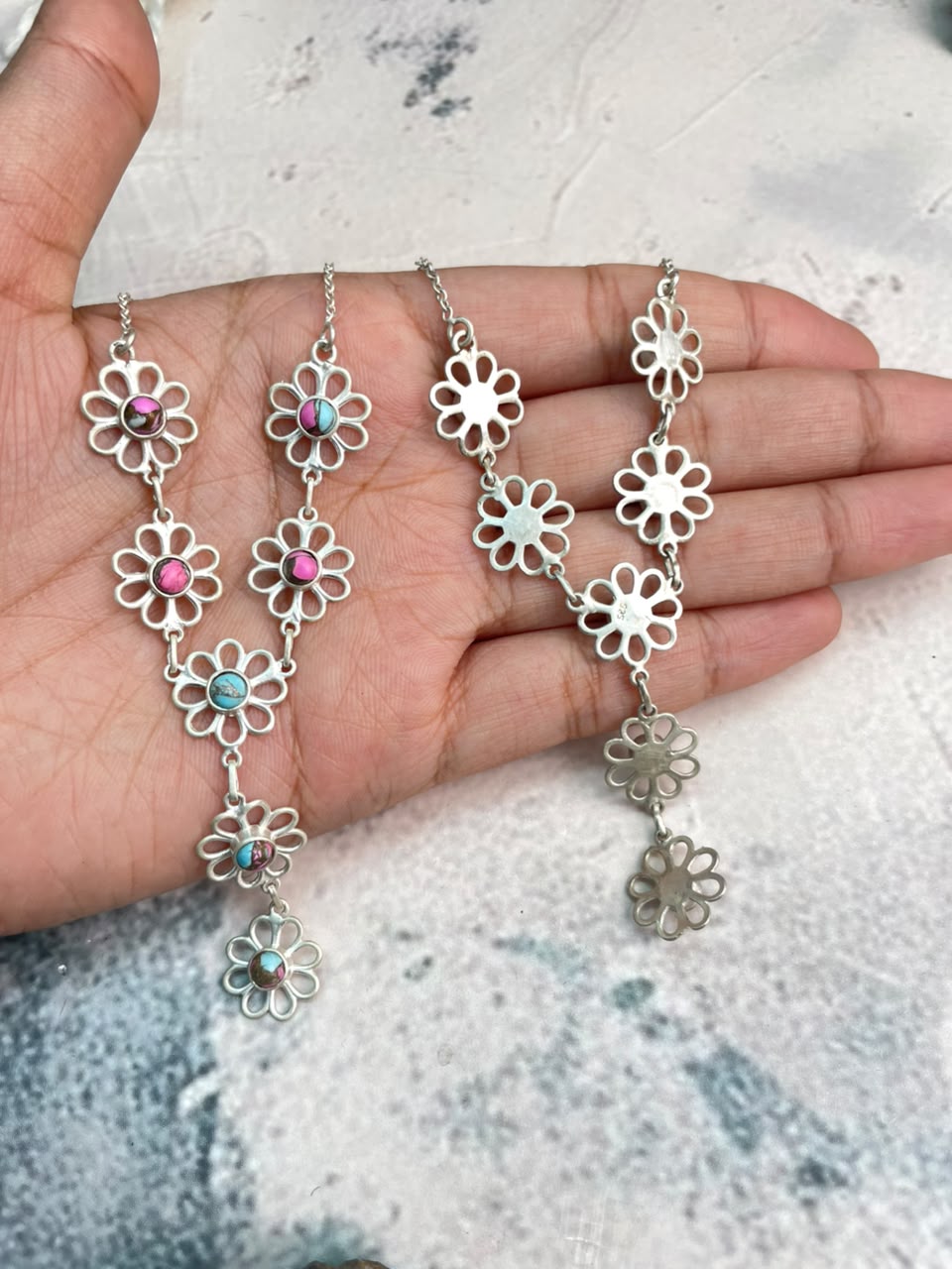 Handmade Sterling Silver Cotton Candy and Kingman Turquoise Flower Collection: Necklace