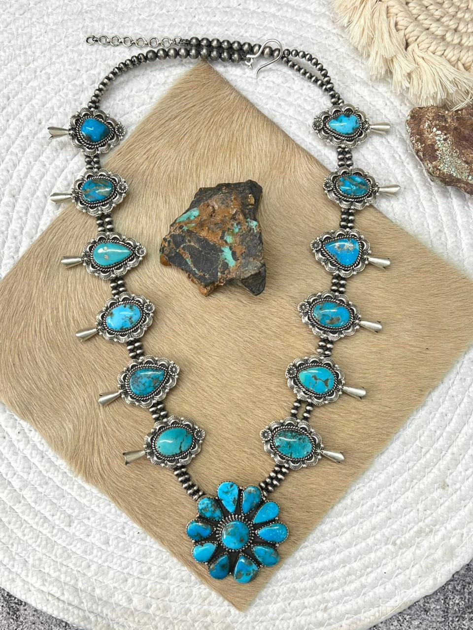 Handmade Sterling Silver Beaded Arizona Blue Turquoise Squash Blossom Necklace "Signed Nizhoni"
