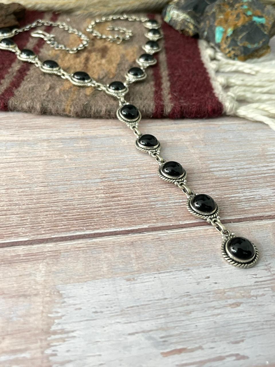 Handmade Sterling Silver Black Onyx 'Y Shaped' Necklace "Signed Nizhoni"