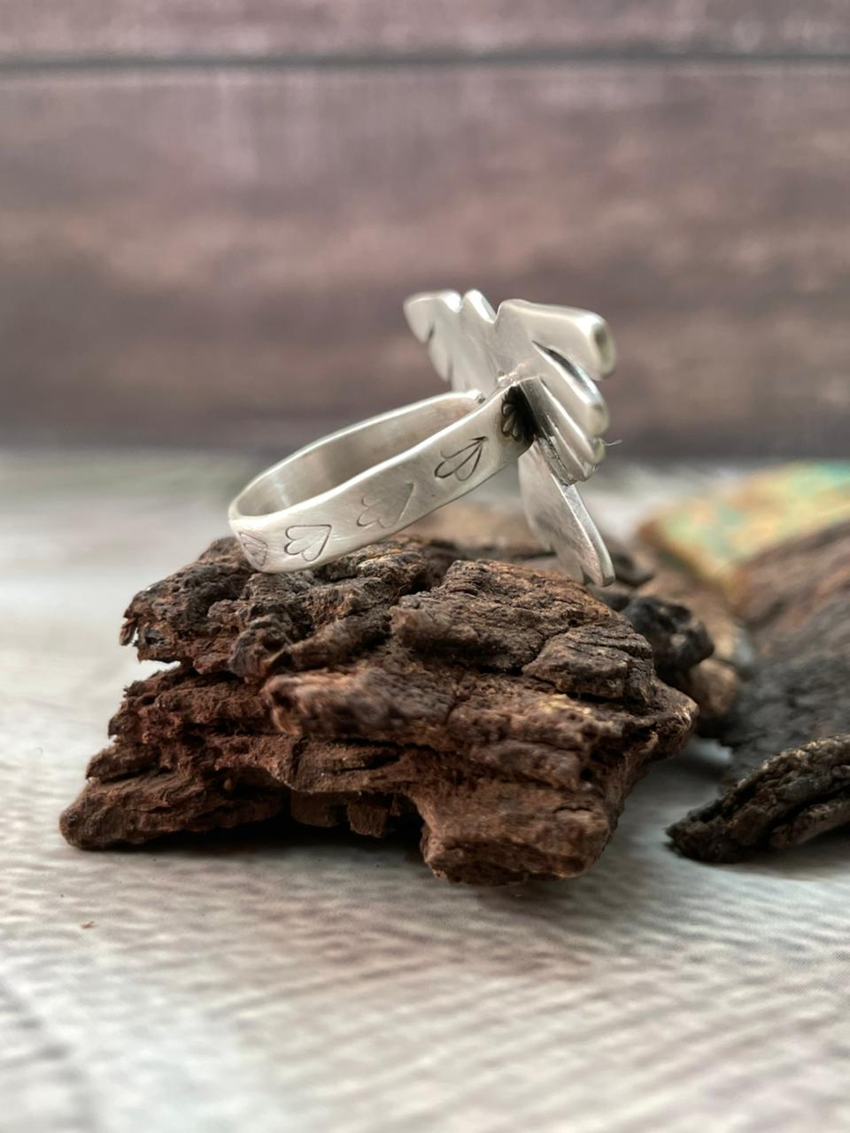 Handmade Sterling Silver Kingman Turquoise Adjustable Thunder Bird Ring "Signed Nizhoni"