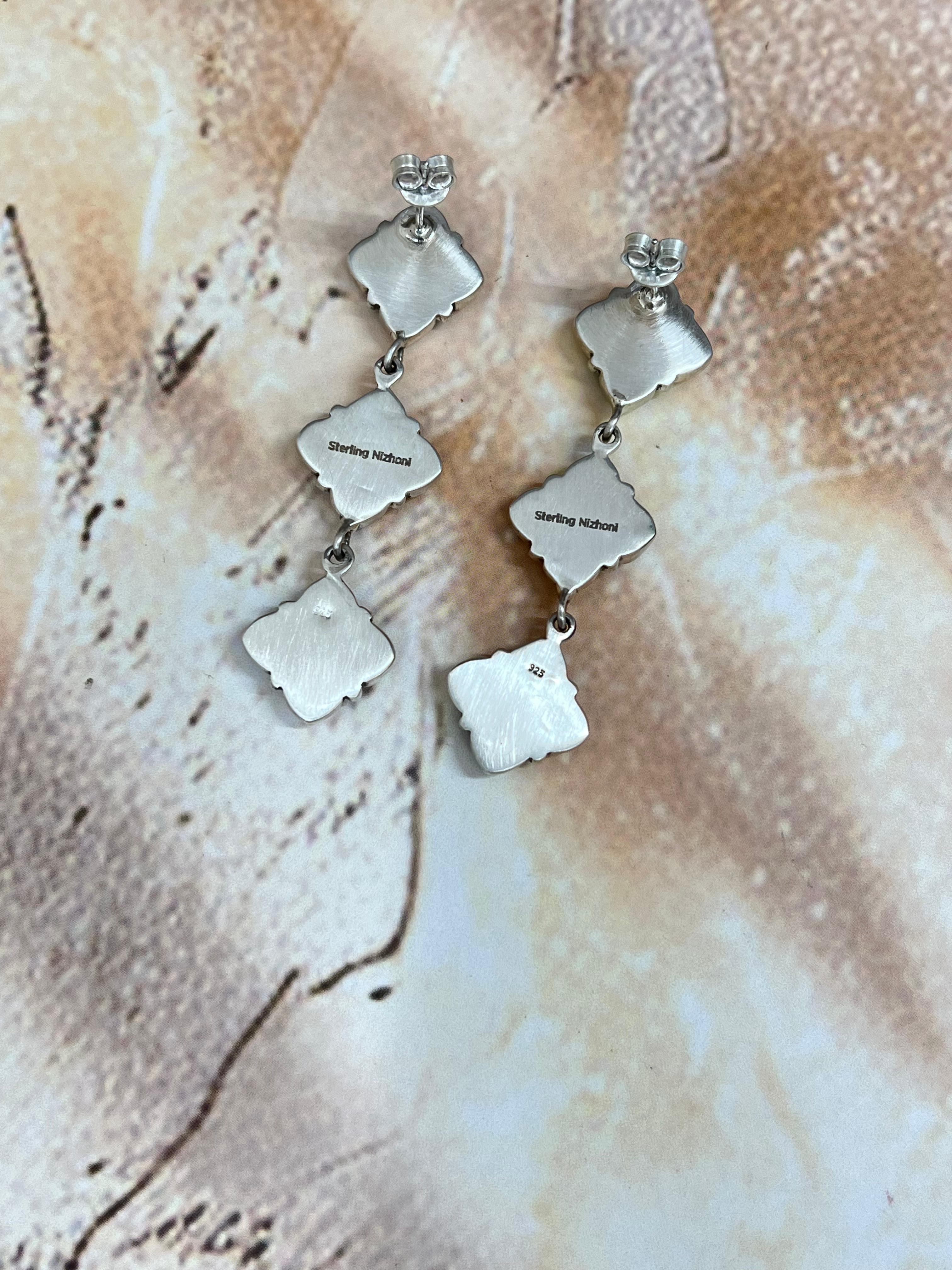 Handmade Sterling Silver Wild Horse Turquoise Dangles Earrings with Signed Nizhoni