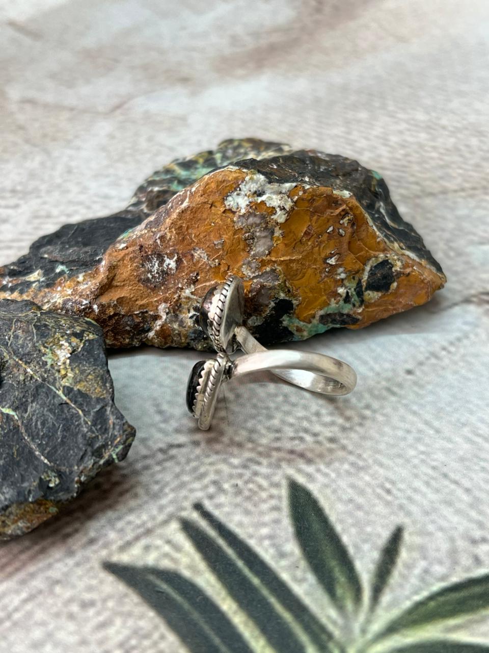 Handmade Sterling Silver Blackjack Turquoise Adjustable Ring " Signed Nizhoni"