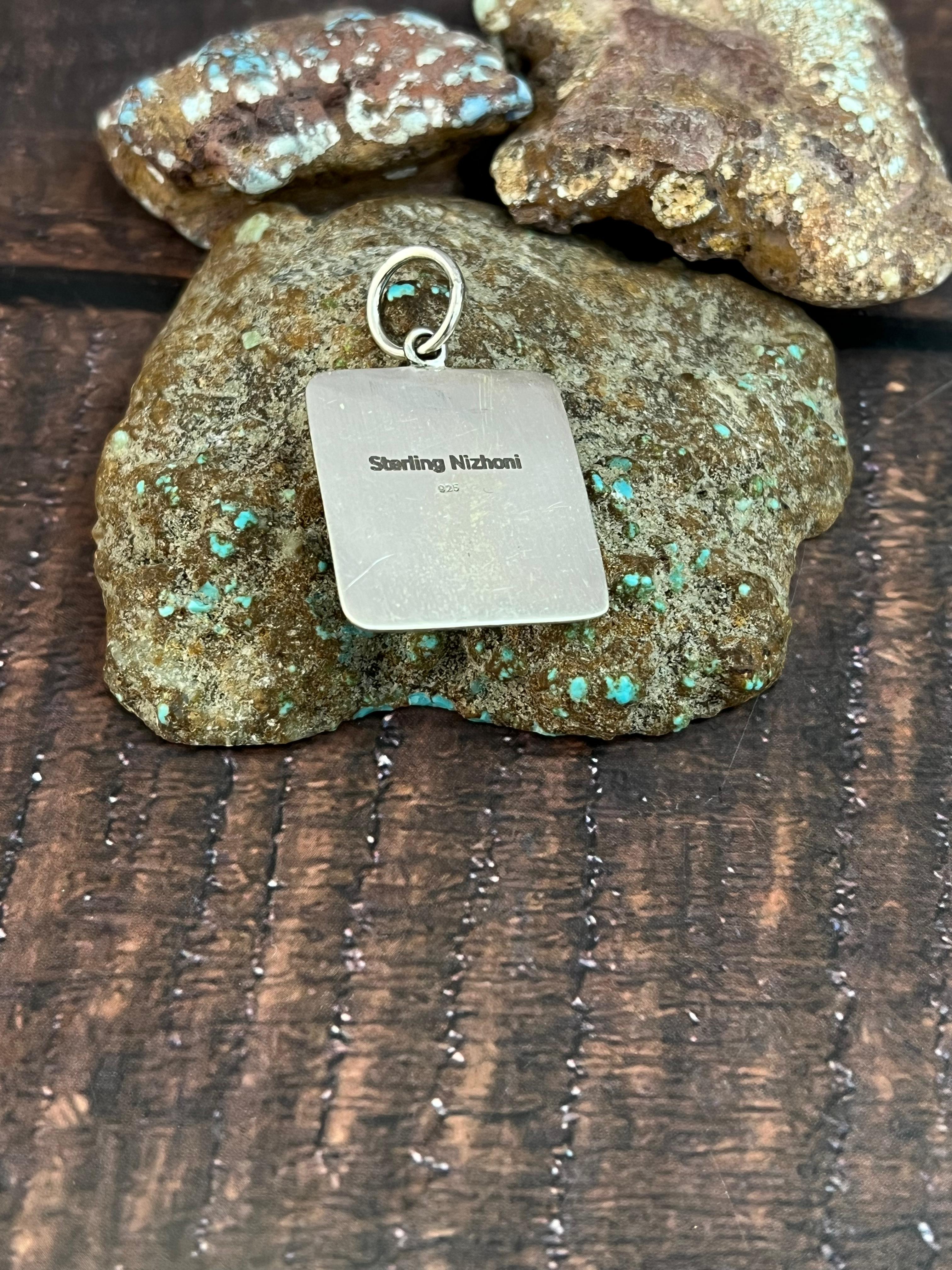 Handmade Sterling Silver Kingman Turquoise Pendant with Signed Nizhoni