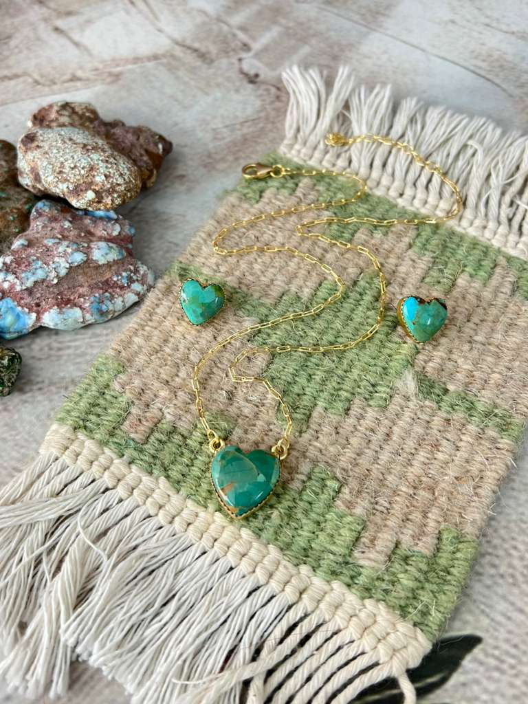 “The Golden Collection” Handmade Gold Plated Kingman Turquoise Necklace Earrings HEART Set