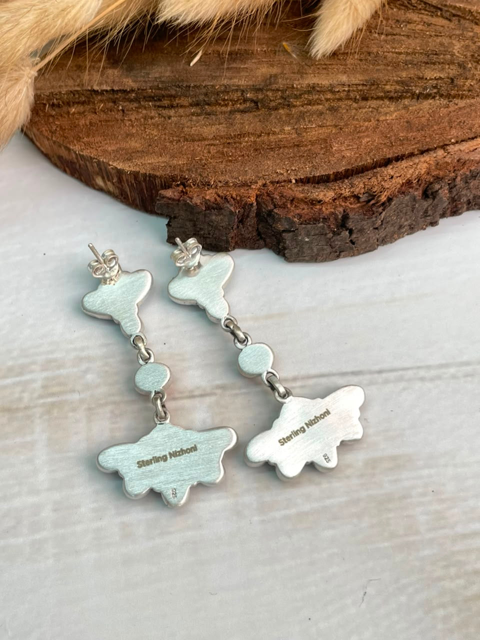 Handmade Sterling Silver Orange Mojave with Kingman Turquoise Post Dangle Earrings Signed Nizhoni