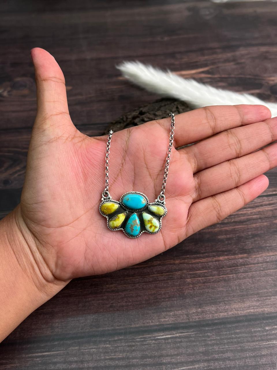 Handmade Sterling Silver Santa Maria with Palomino Turquoise Necklace "Signed Nizhoni"