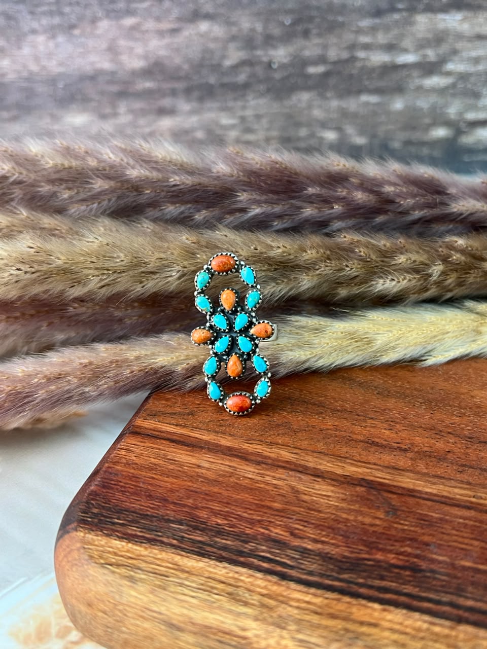 Handmade Sterling Silver Kingman Turquoise with Orange Mojave Adjustable Ring Signed Nizhoni