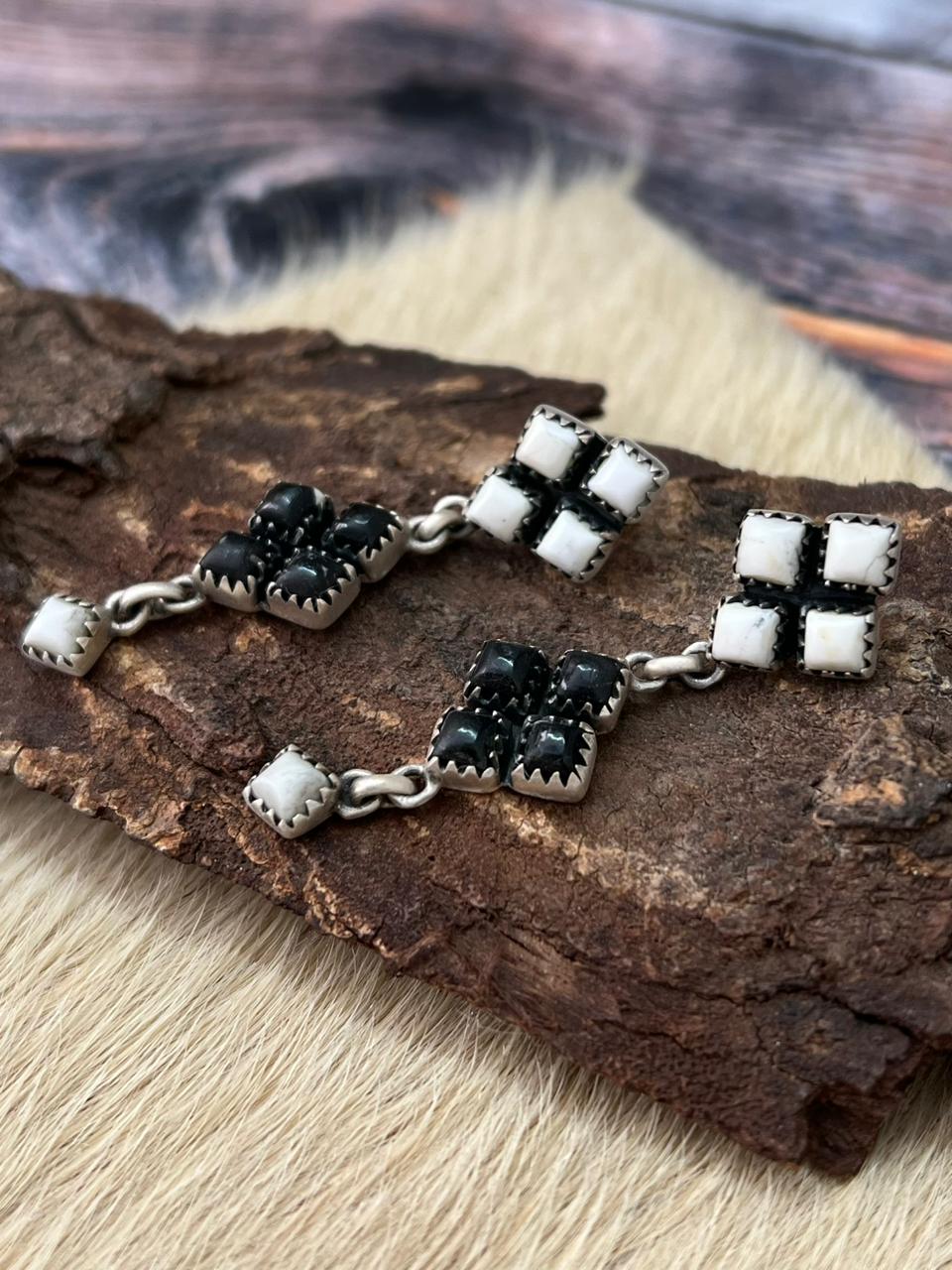 Handmade Sterling Silver White Buffalo Post Dangle Earrings "Signed Nizhoni" (8)