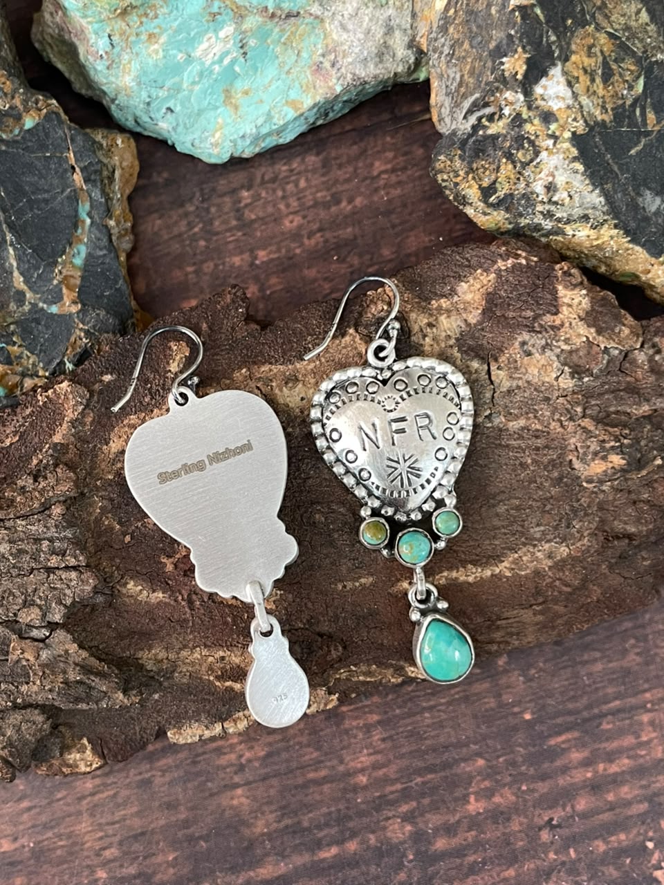 Handmade Sterling Silver Kingman Turquoise NFR Collection: Heart Hook Dangle Earrings Signed Nizhoni