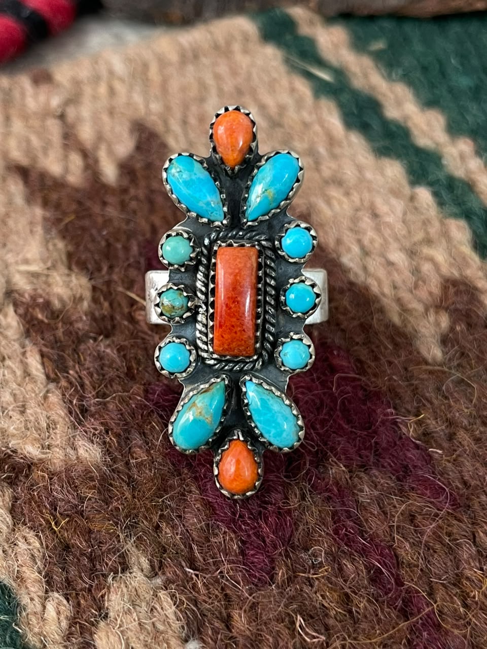 Handmade Sterling Silver Orange Mojave with Kingman Turquoise Adjustable Ring Signed Nizhoni