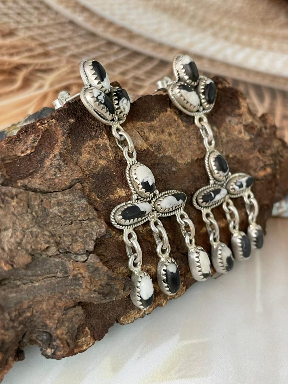 Handmade Sterling Silver White Buffalo Post Dangle Earrings "Signed Nizhoni"