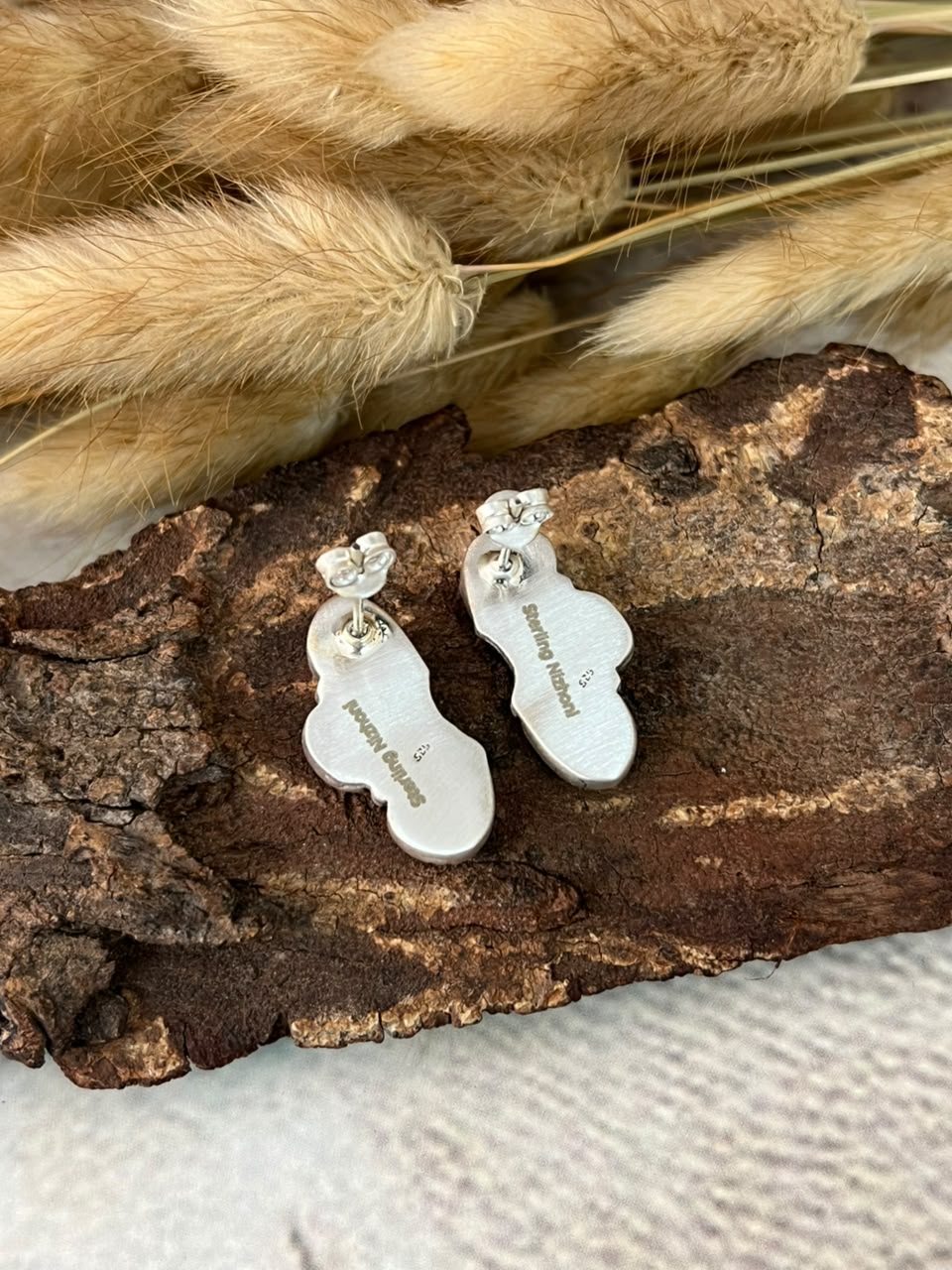 Handmade Sterling Silver White Buffalo Post Studs Earrings Signed Nizhoni