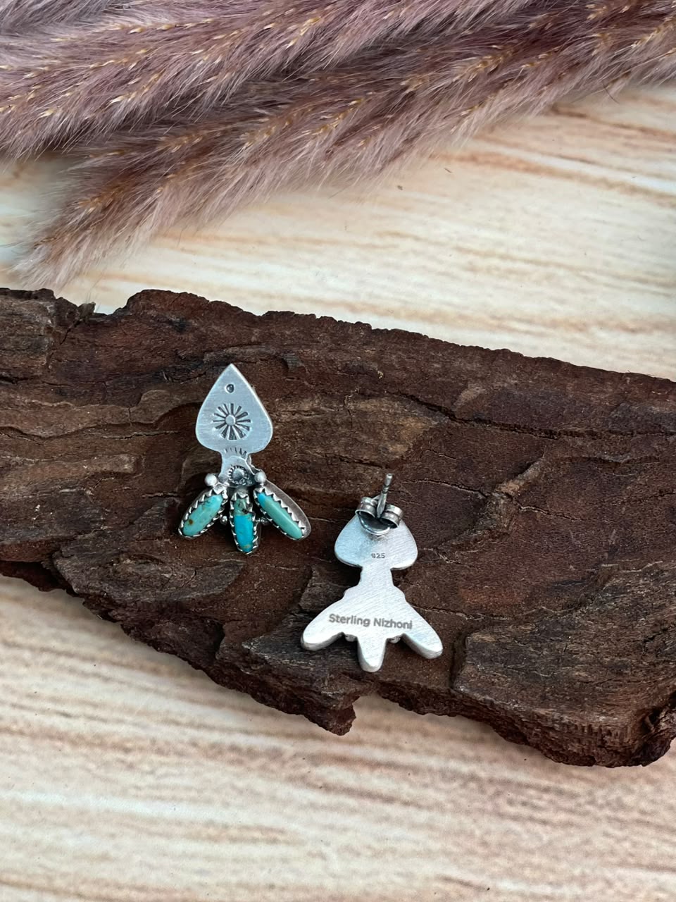 Handmade Sterling Silver Kingman Turquoise Post Studs Earrings Signed Nizhoni