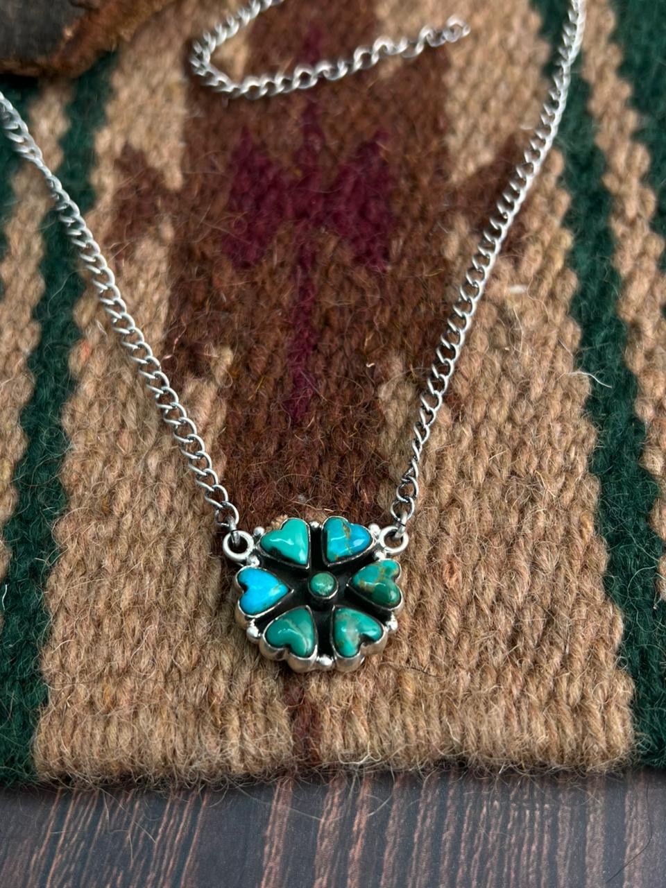 "Heart Collection" Handmade Sterling Silver Kingman Turquoise Necklace "Signed Nizhoni"