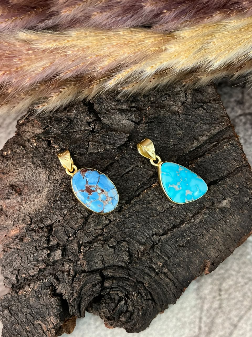 “The Golden Collection” Handmade Sterling Gold over Silver Golden Hills and White Water Turquoise Pendant Signed Nizhoni