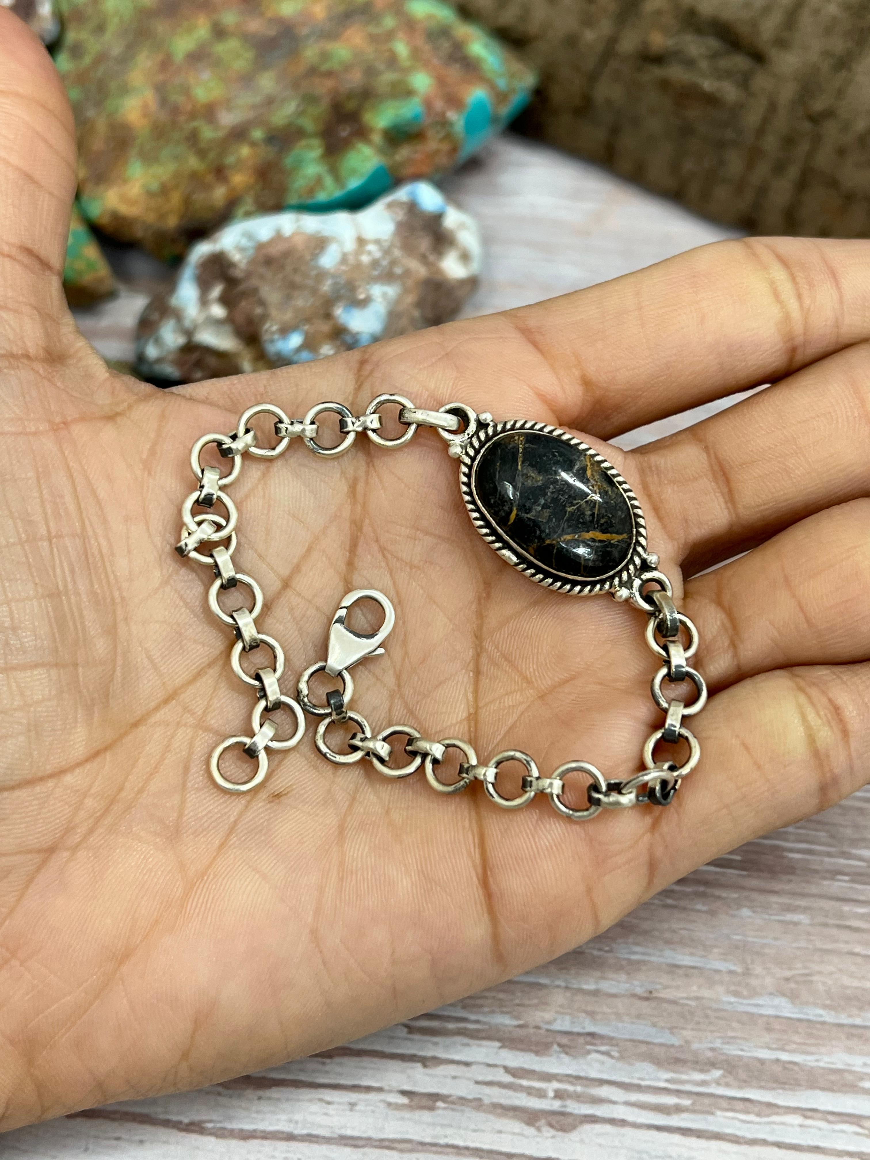 Handmade Sterling Silver Black Jack Chain Bracelet with Signed Nizhoni