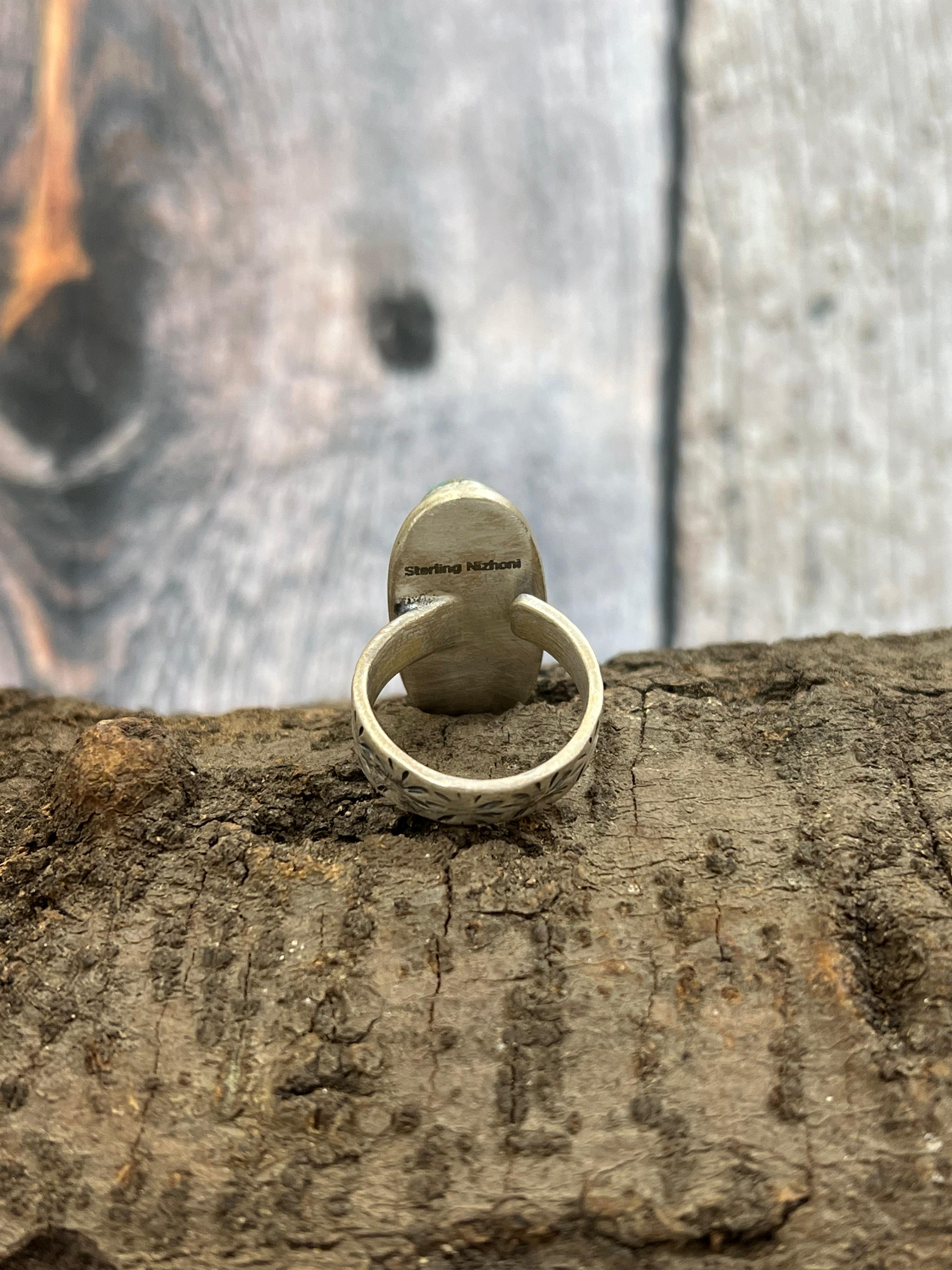 Handmade Sterling Silver Royston Turquoise Adjustable Ring with Signed Nizhoni