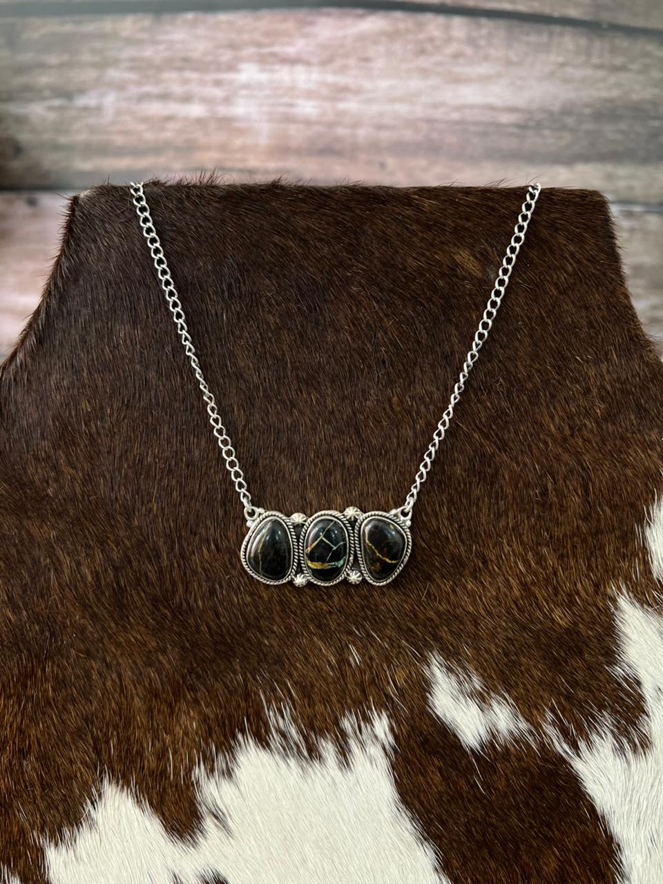 Handmade Sterling Silver Blackjack Turquoise Necklace "Signed Nizhoni"