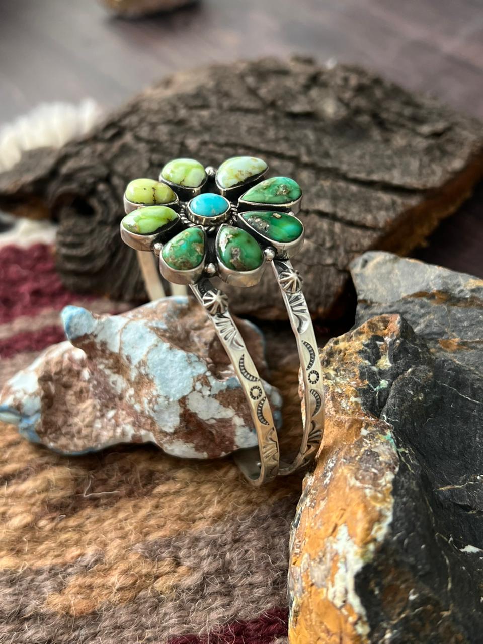 Handmade Sterling Silver Palomino with Sonoran and White Water Turquoise Cuff Bracelet "Signed Nizhoni"